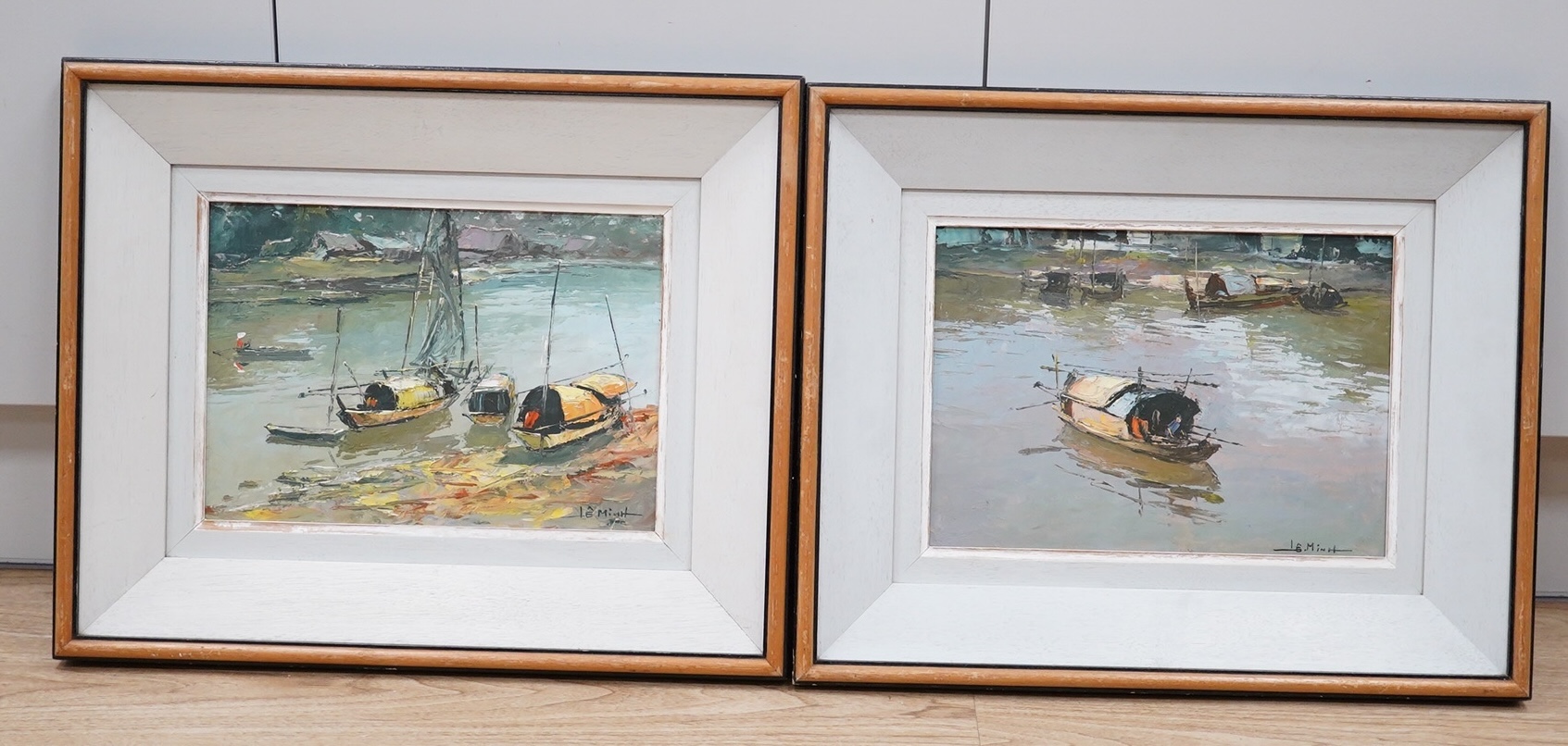 Le Minh (Vietnamese, b.1964), pair of oils on board, River scenes with Chinese junks, each signed, 23 x 33cm. Condition - good